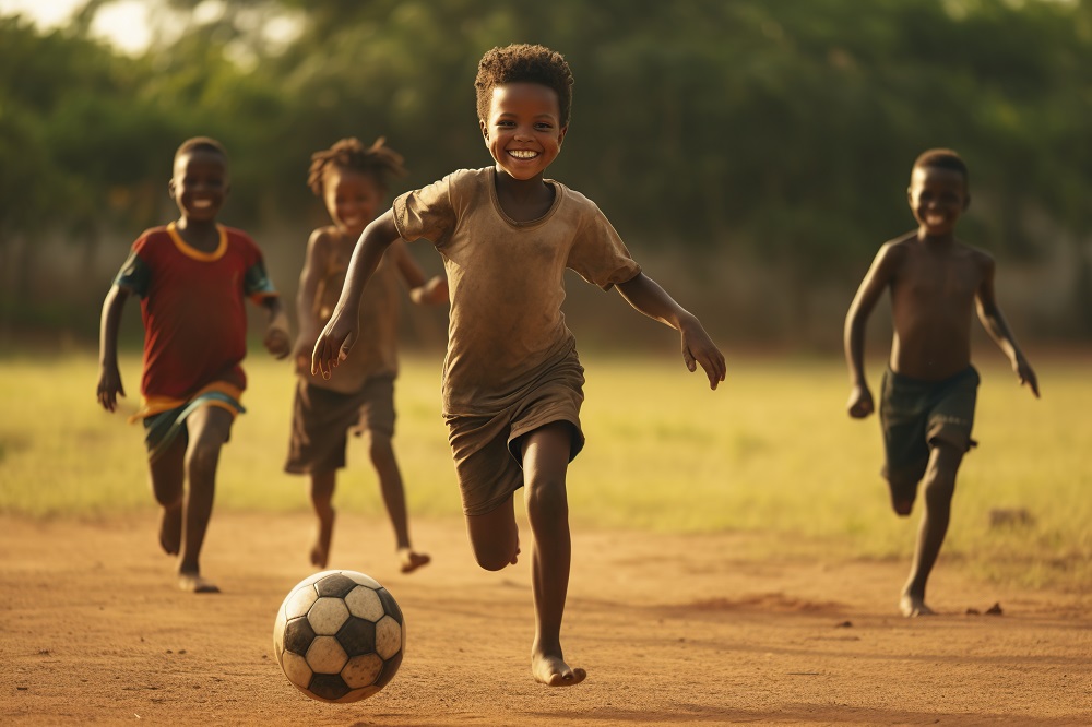 African preteens playing footbal togther outdoors