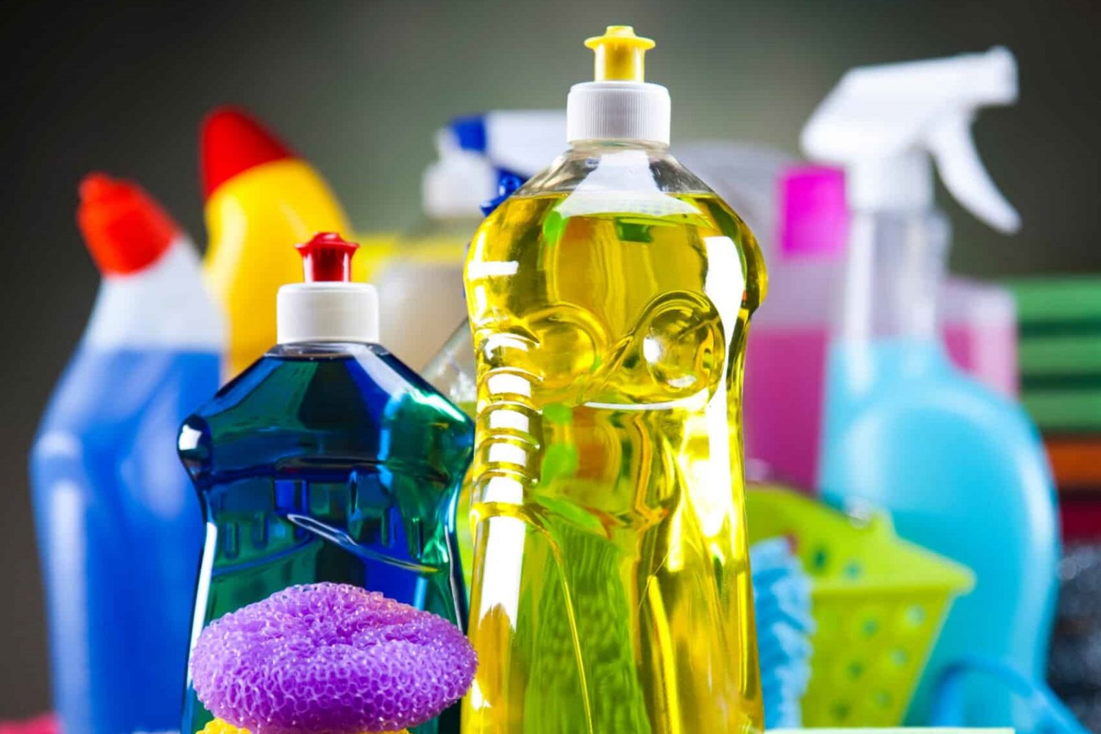 Assorted common household cleaning and disinfecting products
