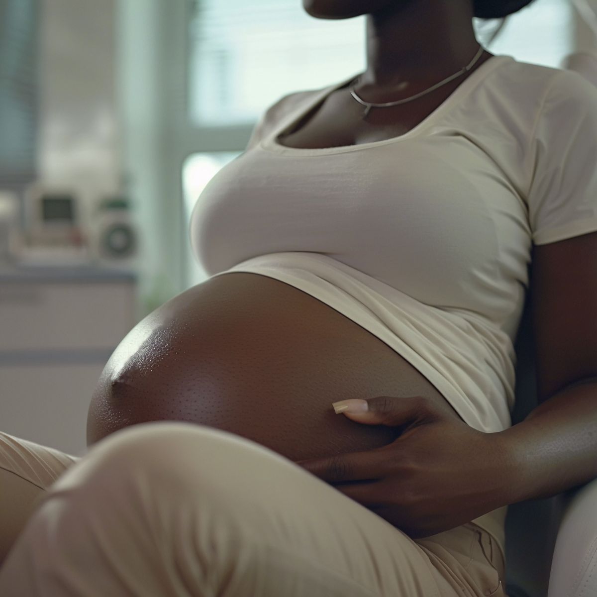 A black pregnant woman wearing a white top and brown pantssitting on a couch. with a bulging and uncovered  belly.