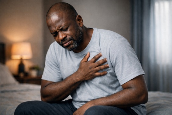 Distress looking African man holding his left chest with his right hand due to chest pain.