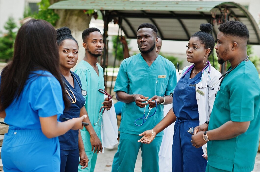 Group ofAdrican healthcare workers posed outdoor