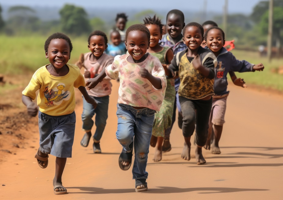 Happy African children running together outdoors