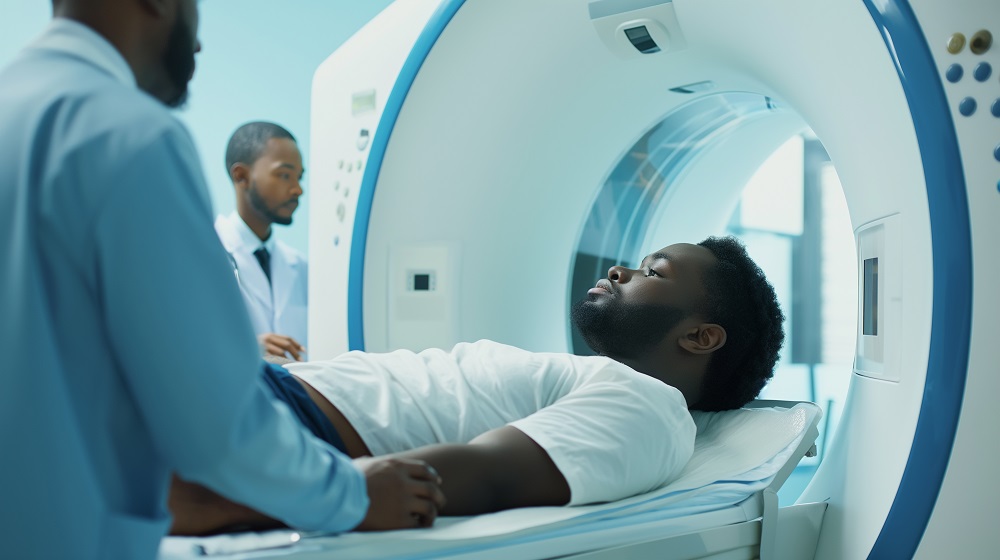 A black man in white shirt being prepared  by professionals for a CT scan