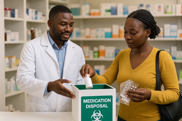 Community pharmacist shows customer safe medicines disposal 