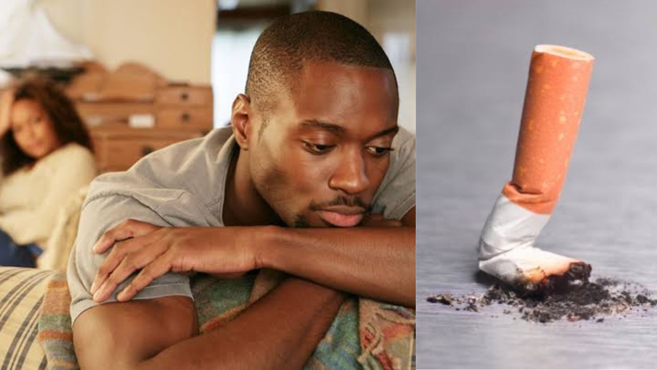 Image of an unhappy black couple in the bedroom and a cigarette stub