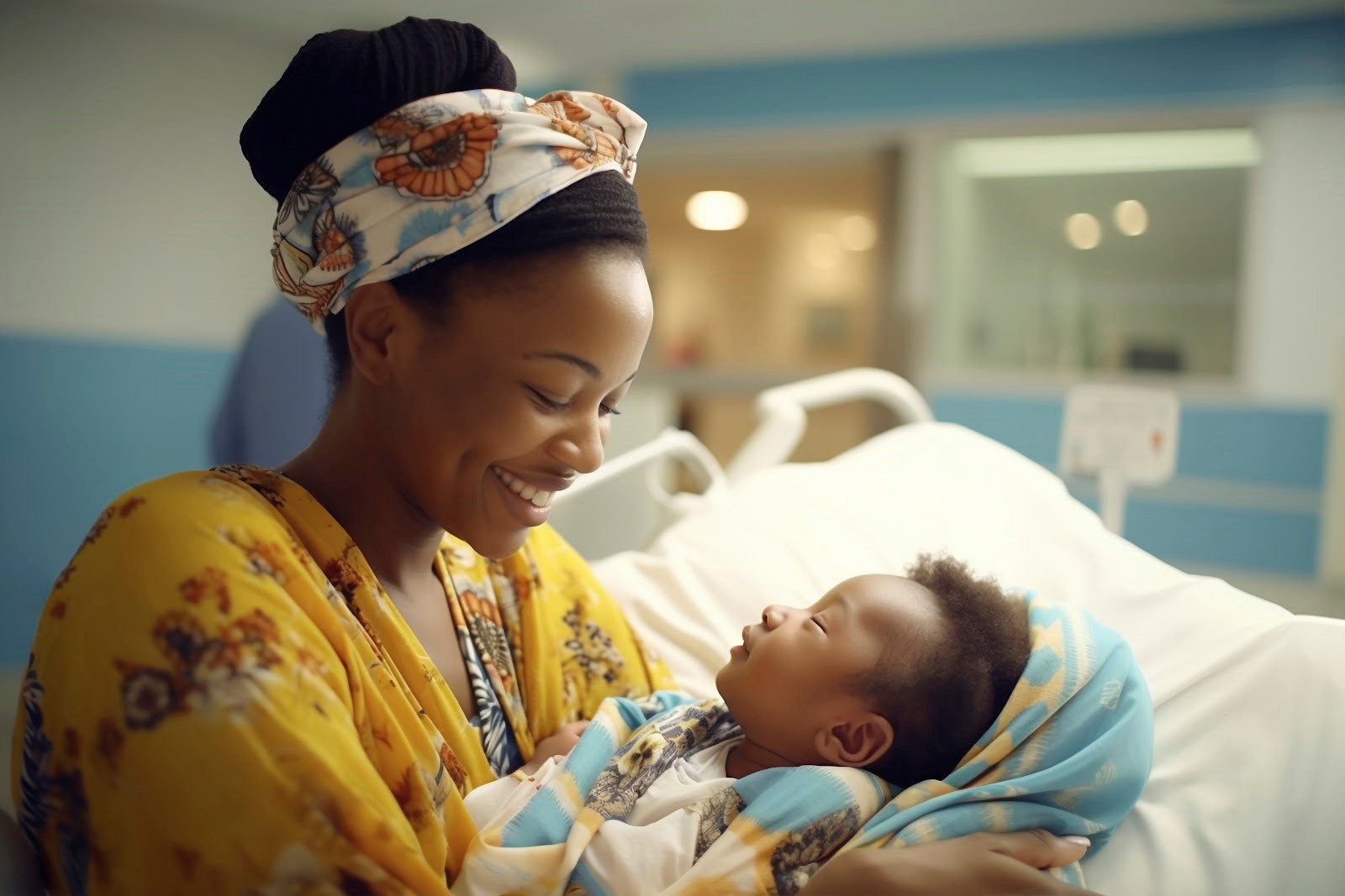 A mother holding her new baby in a hospital room