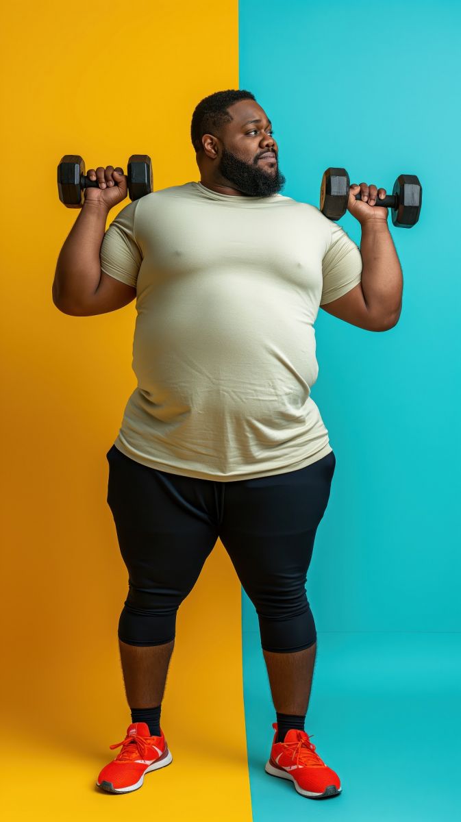 A plus-sized black man exercising with dumbells