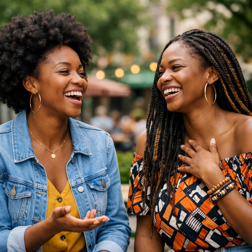 Image of two friendly African women chatting and laughing together outdoors