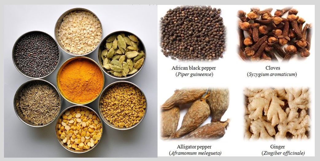 Varieties of vitamin rich spices including ginger, alligator pepper, black pepper, etc.