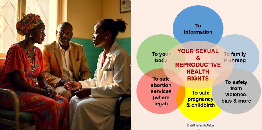 African couple receive family planning information from a doctor with poster of reproductive rights to the side