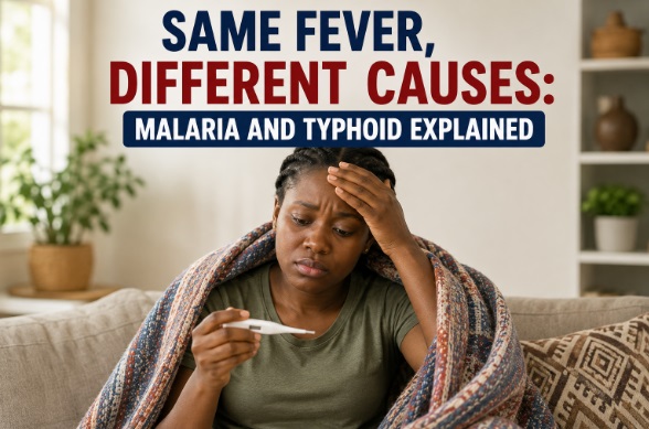 Image captioned, Same Fever, Different Causes: Malaria and Typhoid Explained. It shows a sick African ladysitting on a sofa with a blanket across her shoulder. She is checking her body temperature with a digital thermometer