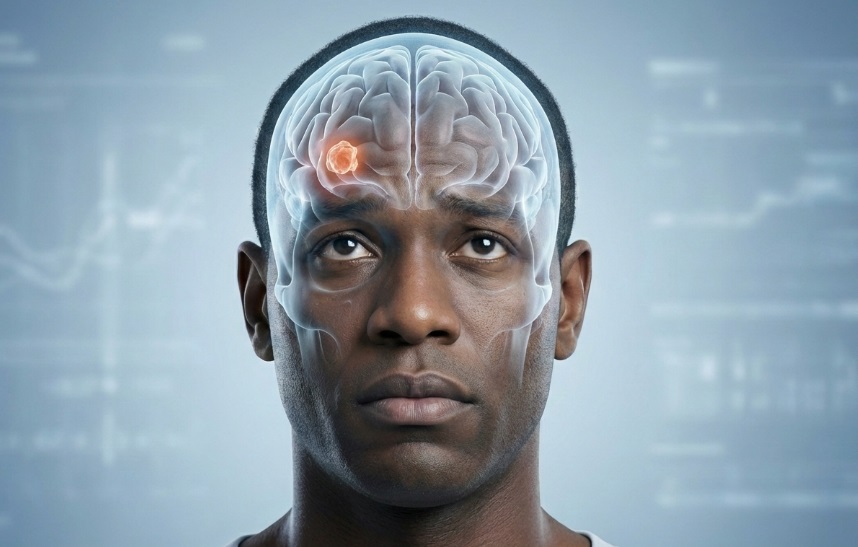 An AI-generated image depicting a man with a transparent view of the brain, highlighting a glowing orange mass, which represents a brain tumour. 