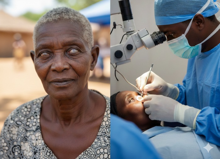 Composite image of woman with bilateral cataract (left) and a surgeon performing eye surgery (right)