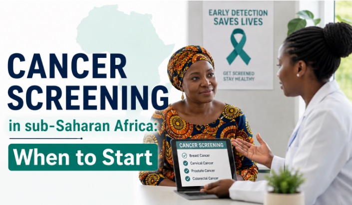 Image captioned Cancer Screening in sub-Saharan Africa: When to Start. It shows an African lady in cancer screening talk with her doctor at a clinic.