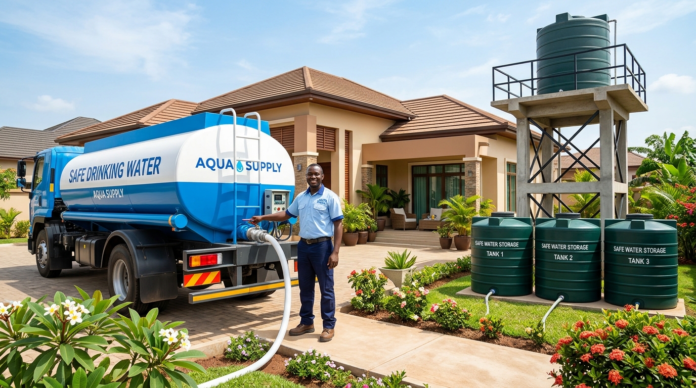 Photo of a typical urban scene where a tanker delivers drinking water into multiple tanks in a middle class household.
