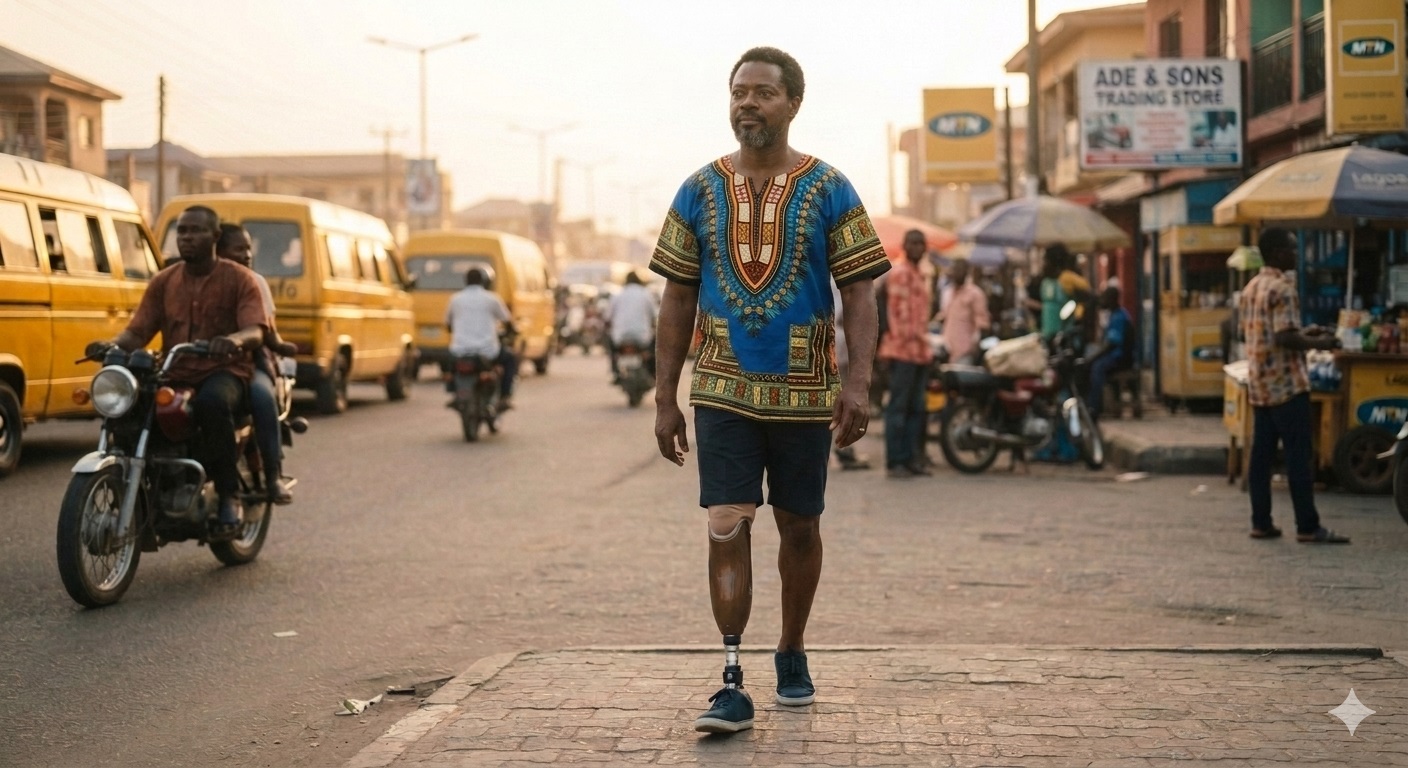 An African male in a right fitted prosthesis looking dignified while walking on a typical Lagos street.