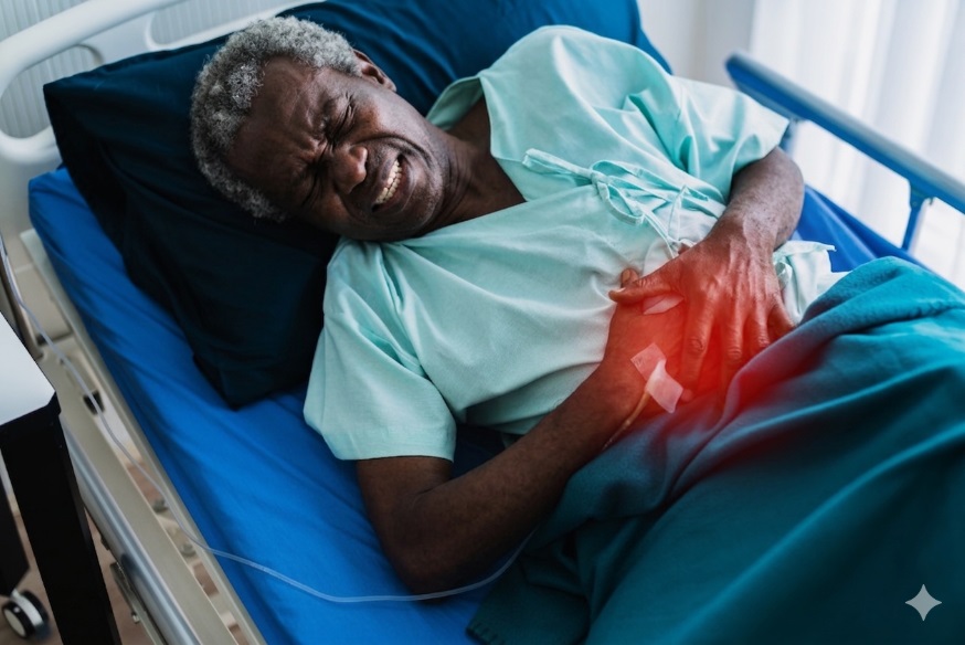 A middle aged African man lies on a hospital bed and clutches his stomach in pain.