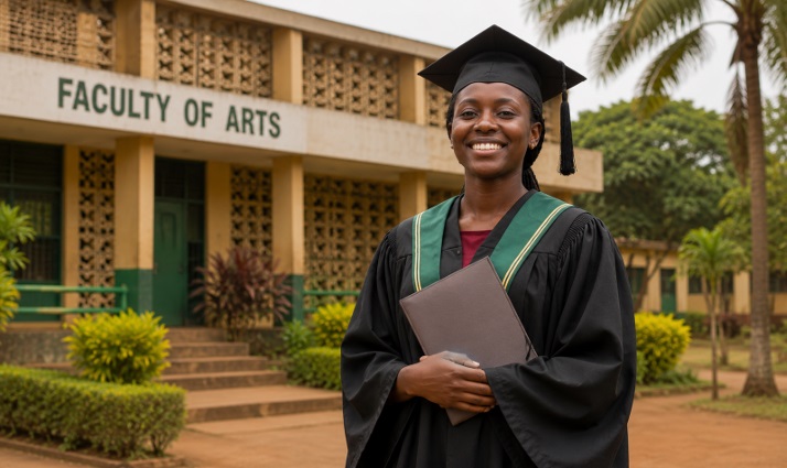 An African lady graduate posing in front of a university faculty building