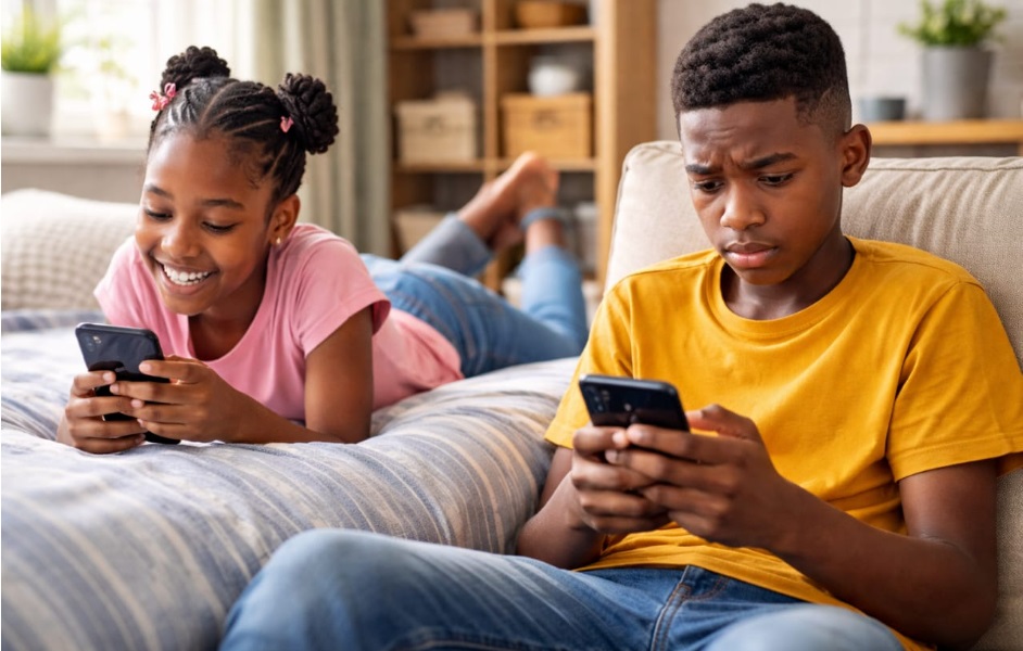 AI generated image of two African siblings in a bedroom, viewing their phones.