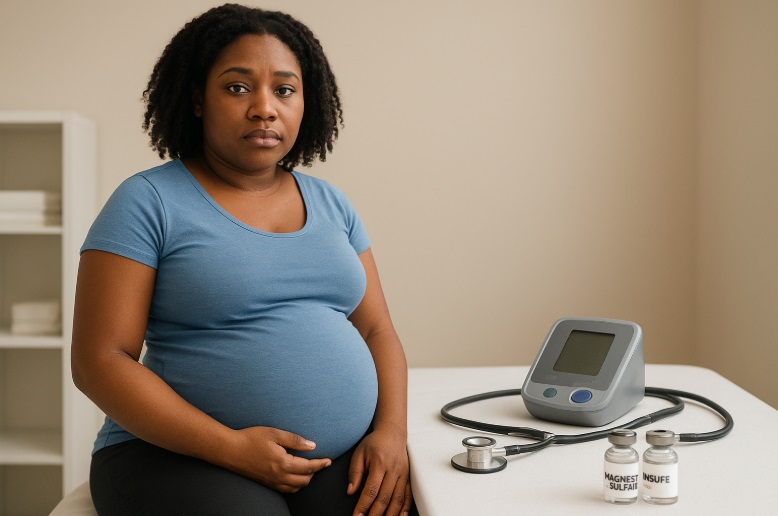A pregnant African woman wearing a blue maternity top sits in an examination room. Beside her are a digital blood pressure monitor, a stethoscope, and vials labelled “Magnesium Sulfate.” 