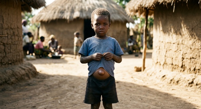 Photo of an African male child with a bulging umbilical hernia, standing in an rustic village courtyard facing the camera.