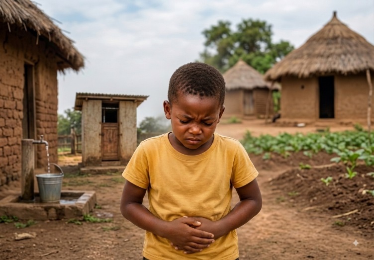 An African boy standing in a village compound and holding his tummy in apparent pain