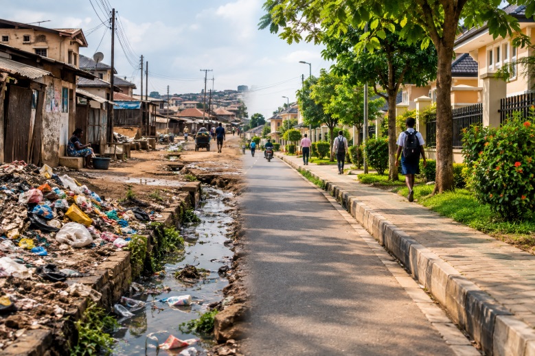 Image contrasting an unhealthy urban African neighbourhood with a healthy one.