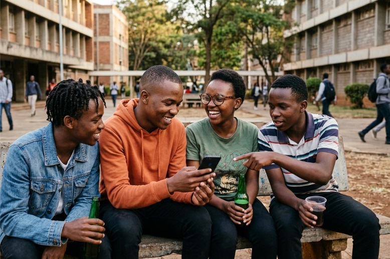 Four young Africans sharing screentime together alcohol in hand