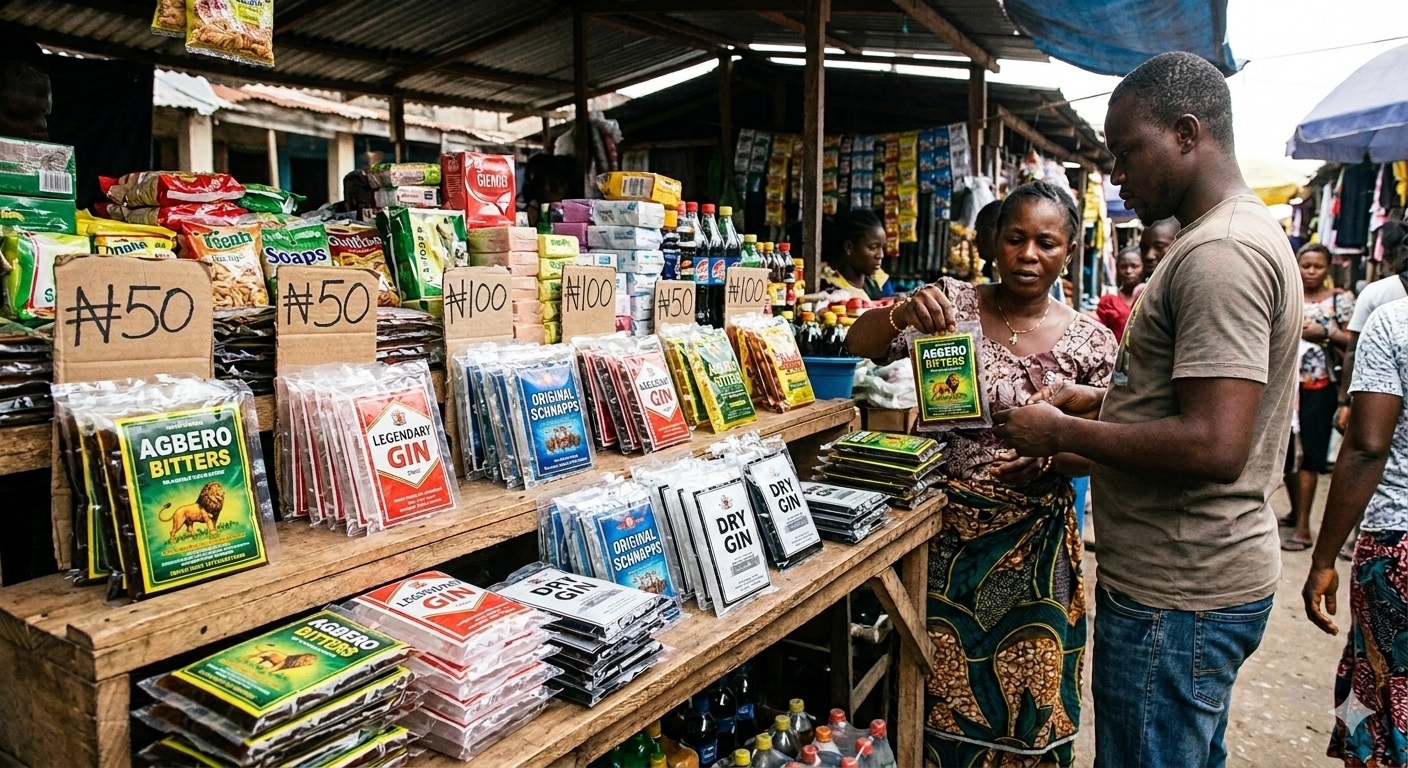 Photo of alcohol drinks packed in satchets on display in an open local market in Nigeria