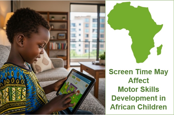 Composite image of an African boy playing games on a tablet device af home with Africa map and caption insert