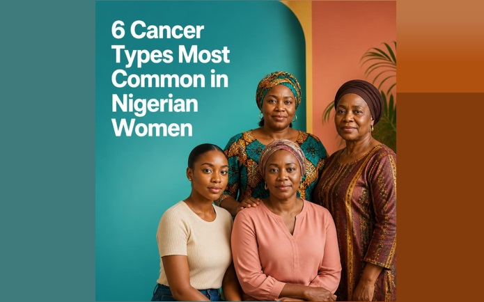 Photo of four Nigerian women, ranging from their twenties to their sixties, posing together against a colourful background.