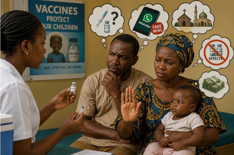 Info-poster of a Nigerian mother and father hesitating to vaccinate their child while discussing their concerns about childhood vaccination with a female health worker.
