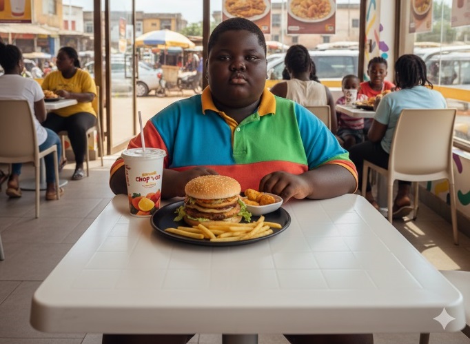 An obese African boy seated in a fast food restaurant with ultra-processed food on his table