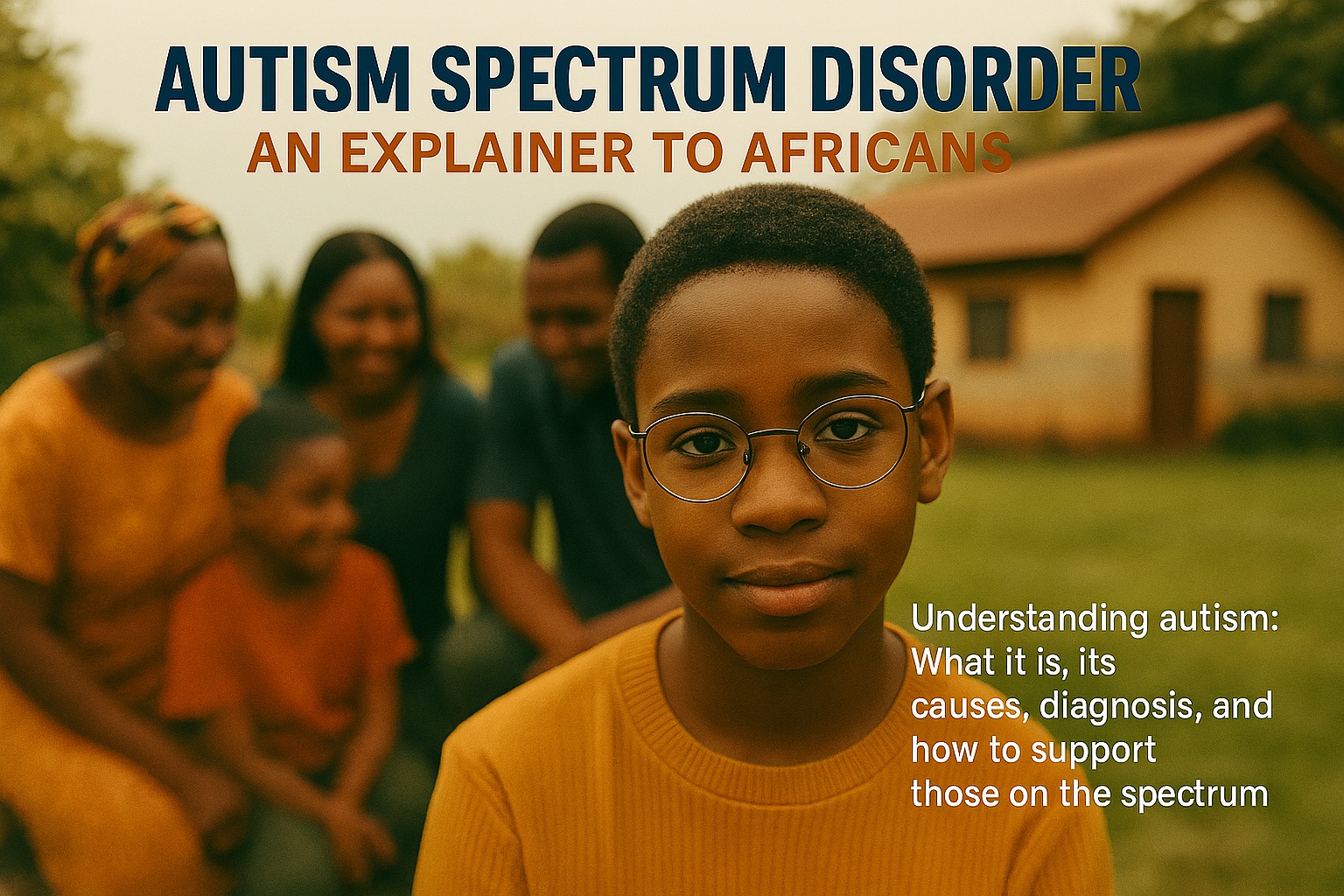 A young autistic African boy with his happy family in the background.