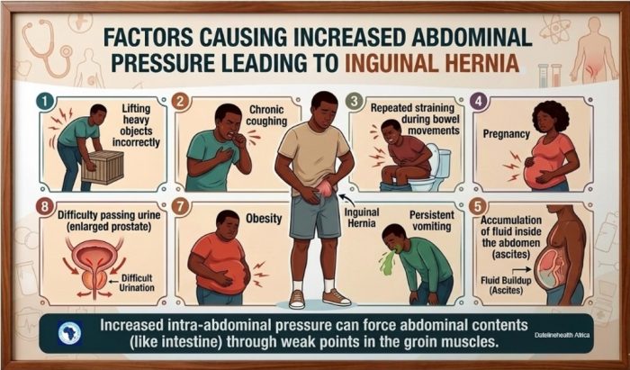 Factors causing increased intra-abdominal pressure leading to inguinal hernia