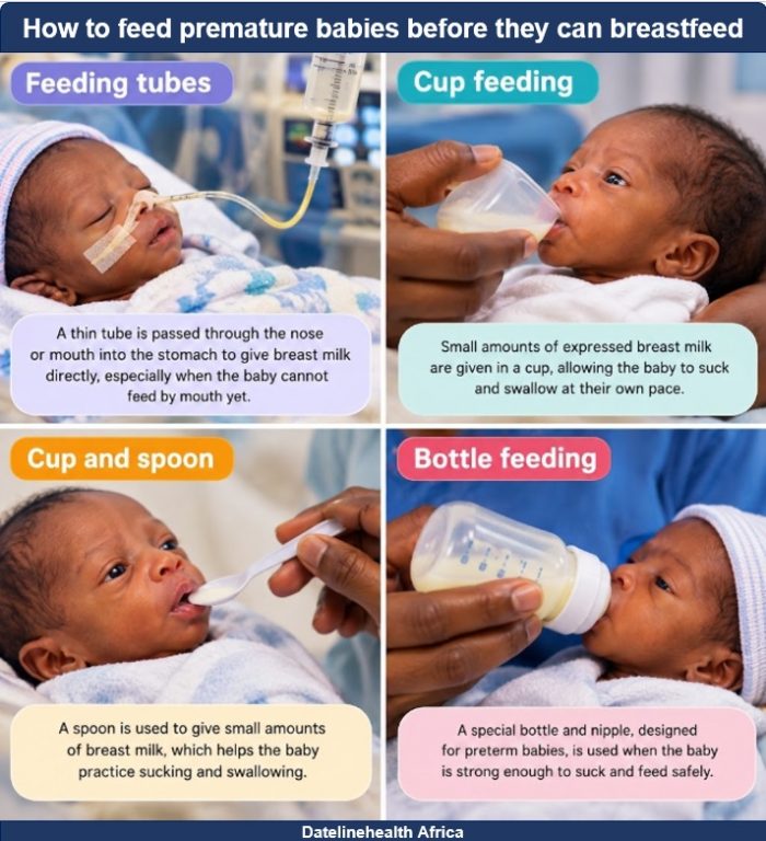 Image showing four ways expressed breast milk may be given to a preterm baby when direct breastfeeding is not yet possible.