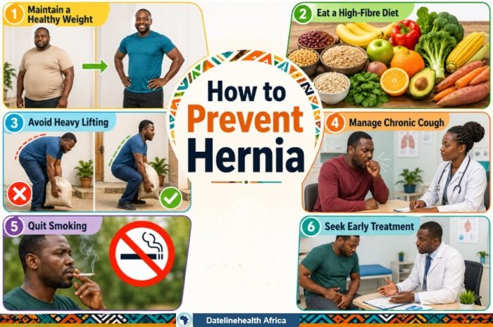 An illustration titled “How to Prevent Hernia” and showing six prevention habits.