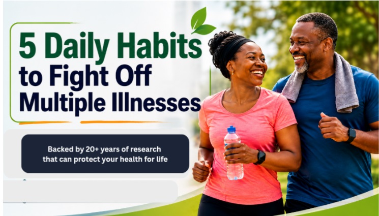 Image of an African couple in casual waer smiling happily at one another after exercise in a park. Image is captioned: 5 daily habits to fight off multiple illnesses.