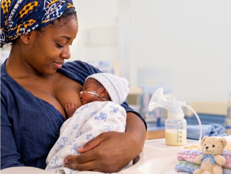 An African mother holding her premature baby with a breast pump and a small toy bear close by.