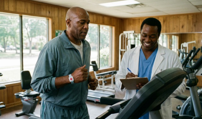 An African man with cancer exercising while his doctor watches and takes notes.