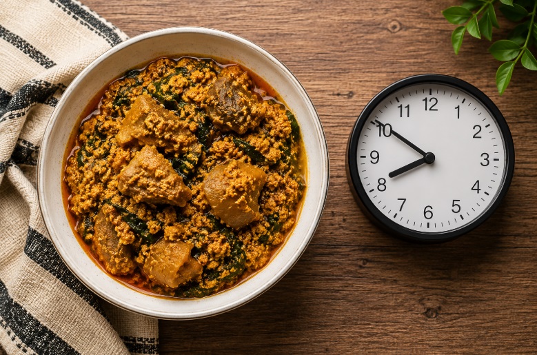 Ab image of a bowl of Egusi stew with a table clock beside it.