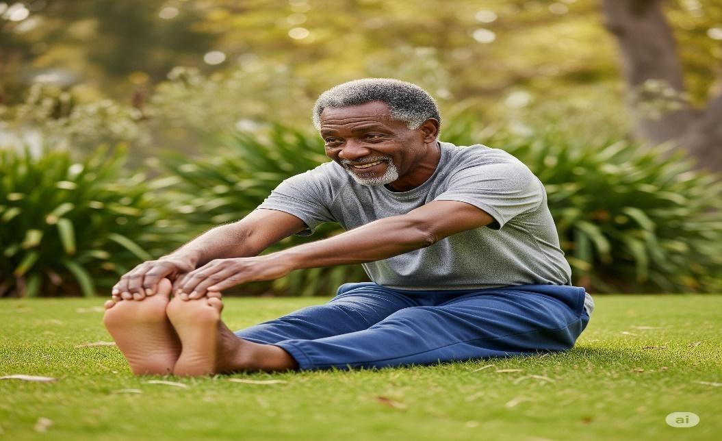 An elderly African man in a grey shirt and blue trousers sitting on the ground while reaching for his toes