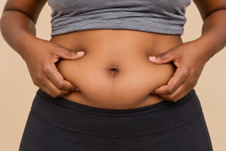 image showing an adult African female pinching the excess fat around her abdomen,