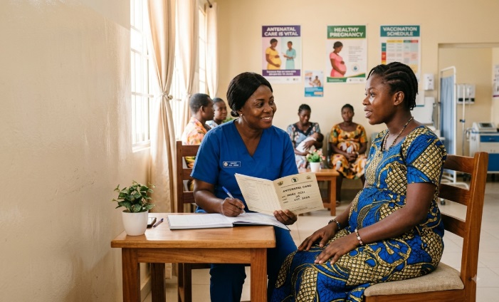 An African woman at her first prenatal care visit