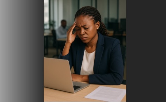 A distressed African female employee sitting at a desk with a laptop and a document, holding her hand to her head in pain or frustration