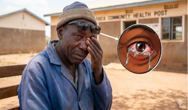Photo image of an African man in blue shirt, His eyes are red and watery probably from sunbirn