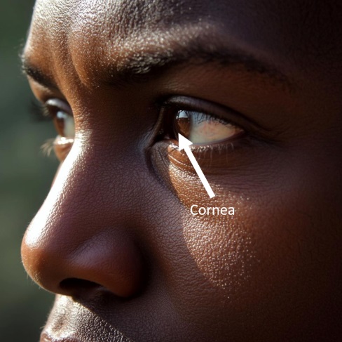 An image showing an African man’s side profile, and indicating the transparent, raised part of the eye called cornea Image Credits: Canva