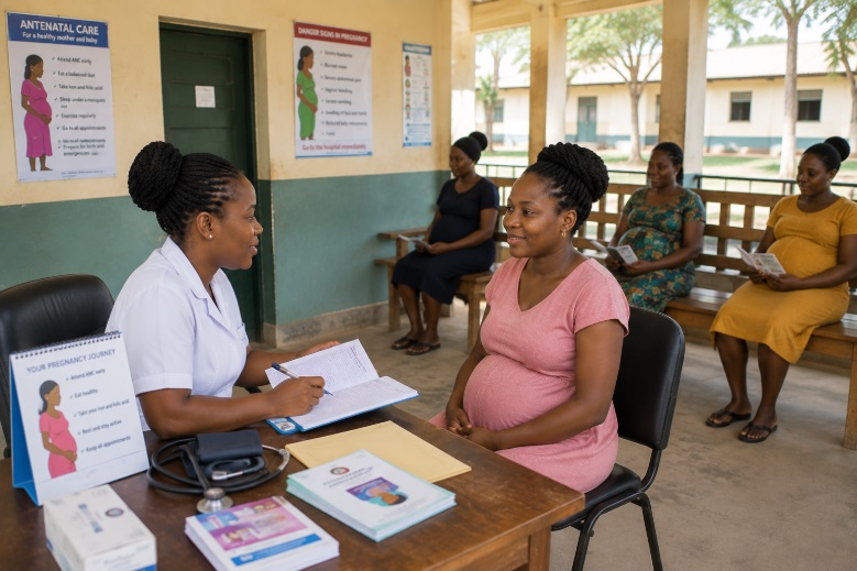 A nurse talking with a pregnant Asrican woman during her first antenatal visit.