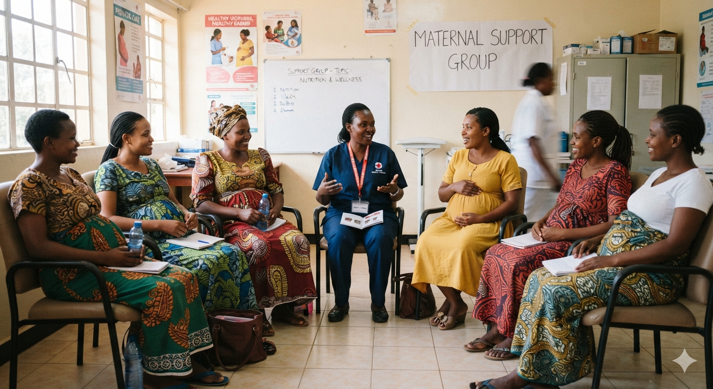 A support group of pregnant African women in discussion.