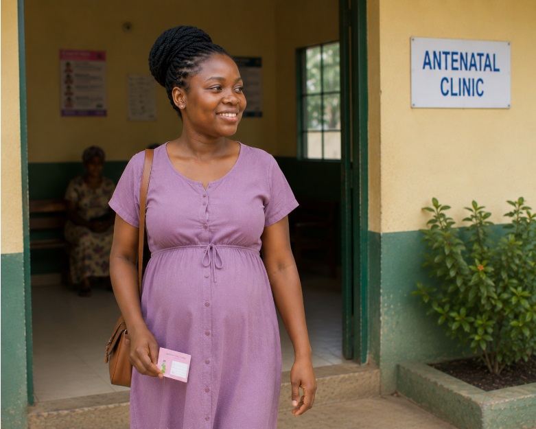 A smiling pregnant African woman leaving an antenatal clinic while holding a small antenatal card.